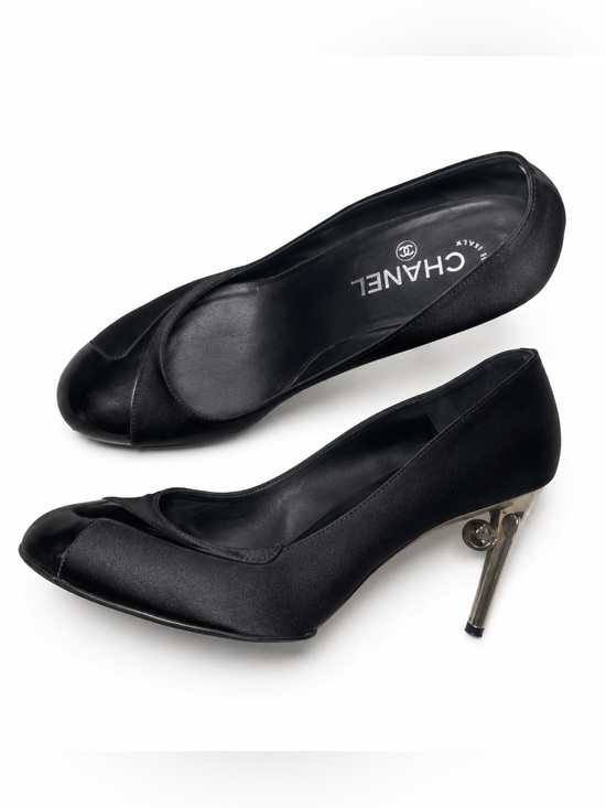 CHANEL Shoes - Chanel Black Satin & Patent Leather Heels w/ Sculptural Silver Heel size 40